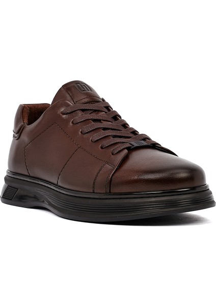 Erkek Kahverengi Bağcıklı Deri Casual Sneaker 25WFD676918