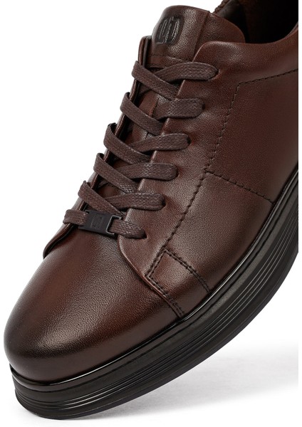 Erkek Kahverengi Bağcıklı Deri Casual Sneaker 25WFD676918
