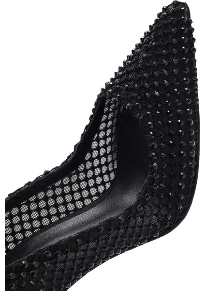 Kadın Siyah Taşlı Yüksek Ince Topuklu Deri Stiletto 25AFD1206TS