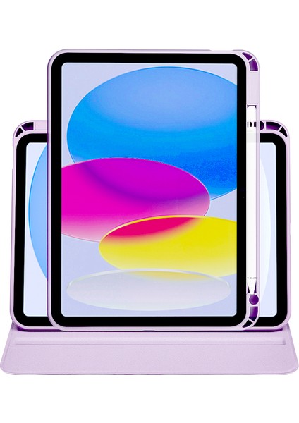 iPad 10. Nesil 11. Nesil A16 2022 - 2025 10.9" Uyumlu Kılıf Simplism 360 Dönen Yatay Dikey Standlı Kalemlikli Kılıf Arkası Şeffaf