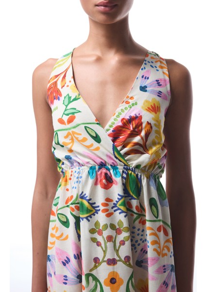 Ila Çiçek Desenli Maxi V Yaka Plaj Elbisesi