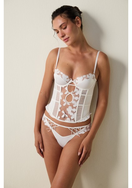 Kırık Beyaz Brode Işlemeli Çiçekli Push Up Korseli Büstiyer