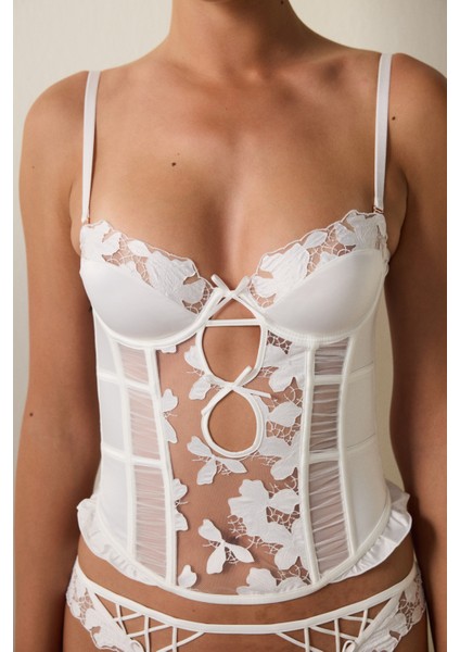 Kırık Beyaz Brode Işlemeli Çiçekli Push Up Korseli Büstiyer modelleri