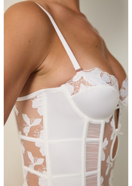Kırık Beyaz Brode Işlemeli Çiçekli Push Up Korseli Büstiyer fırsatları