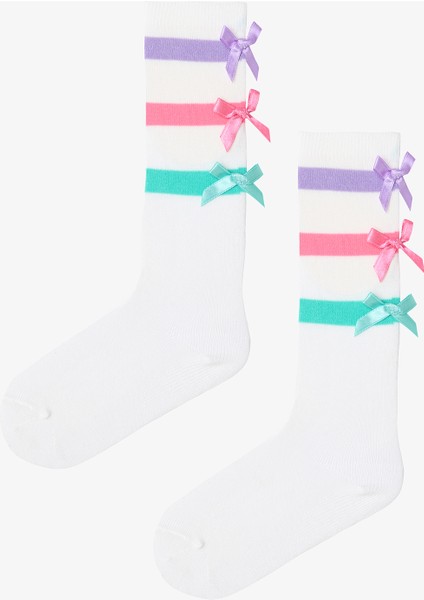 Beyaz - Açık Pembe Fiyonklu Kız Çocuk Pantolon Çorabı