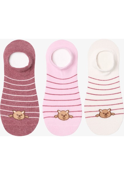 3 Çift Pamuklu Çizgili Kedicik Desenli Sneaker Çorap