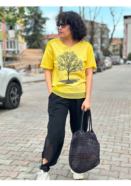 Kadın Hayat Ağacı Taş Baskı Detaylı Omuz Etek File Detay %100 Pamuk T-Shirt
