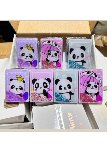 Panda Tasarımlı Simli Sulu Kozmetik Dikdörtgen Cep Çanta Aynası Kapaklı El Makyaj Aynası