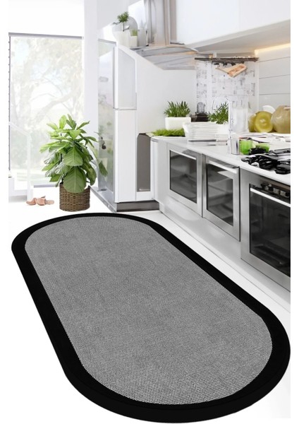 Dijital Kaymaz Gri Jüt Görünümlü Oval Siyah Çerçeveli Mutfak Halısı Salon Halısı Halı Yolluk DC-7027-GRİ Oval