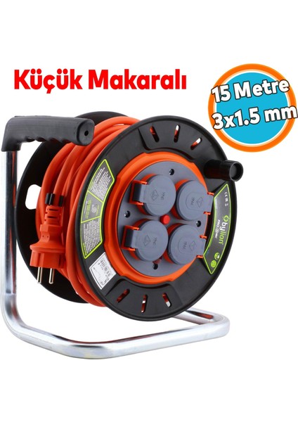 Küçük Makaralı Seyyar Kablo Kapaklı 4 Prizli Plastik Uzatma Kablosu 15 Metre 3x1.5 mm Cca Kablo