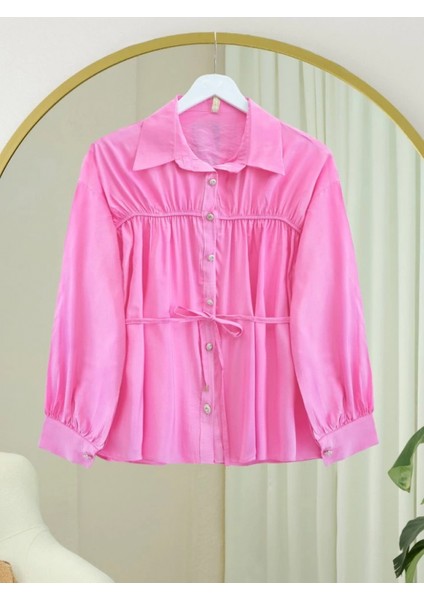 Robadan Büzgülü Beli Bağcıklı Gömlek -Pembe modelleri