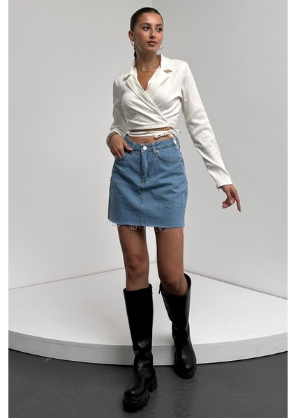 Gömlek Yaka Beli Bağlamalı Crop Bluz fiyatları