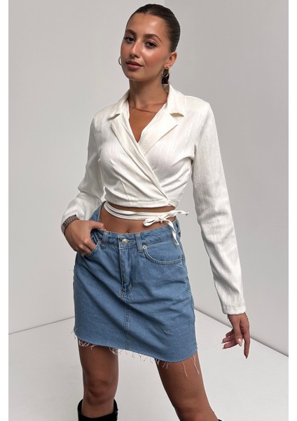Gömlek Yaka Beli Bağlamalı Crop Bluz modelleri