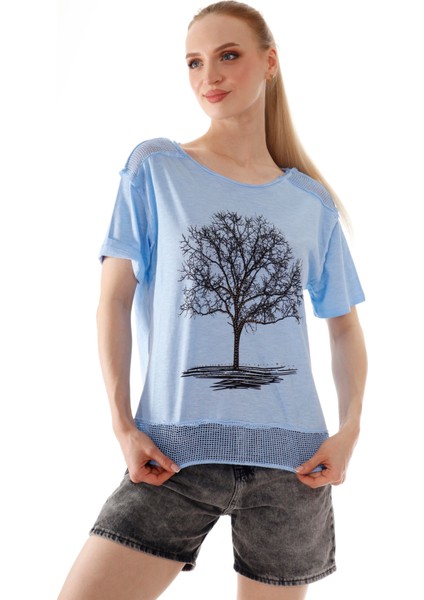 Kadın Hayat Ağacı Taş Baskı Detaylı Omuz Etek File Detay %100 Pamuk T-Shirt