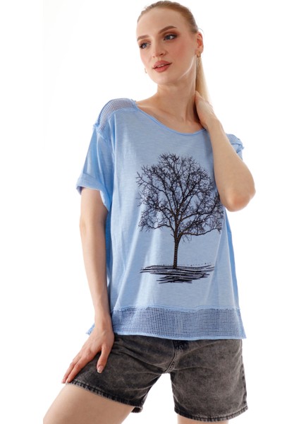 Kadın Hayat Ağacı Taş Baskı Detaylı Omuz Etek File Detay %100 Pamuk T-Shirt