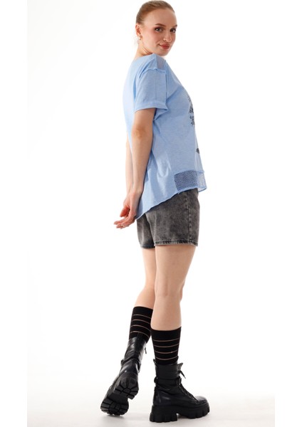 Kadın Hayat Ağacı Taş Baskı Detaylı Omuz Etek File Detay %100 Pamuk T-Shirt modelleri