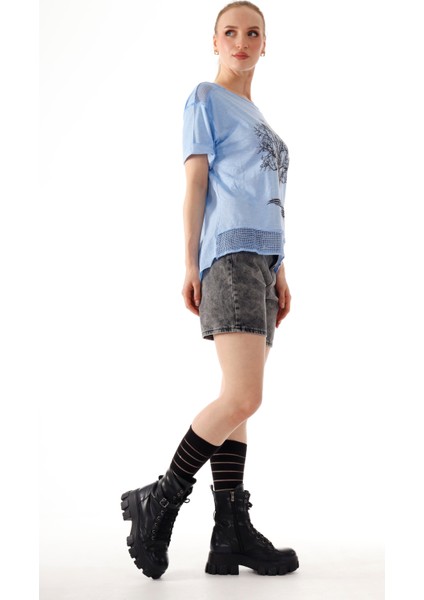 Kadın Hayat Ağacı Taş Baskı Detaylı Omuz Etek File Detay %100 Pamuk T-Shirt fırsatları