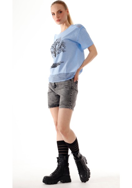 Kadın Hayat Ağacı Taş Baskı Detaylı Omuz Etek File Detay %100 Pamuk T-Shirt indirimleri