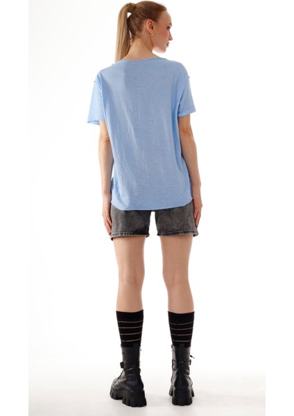 Kadın Hayat Ağacı Taş Baskı Detaylı Omuz Etek File Detay %100 Pamuk T-Shirt