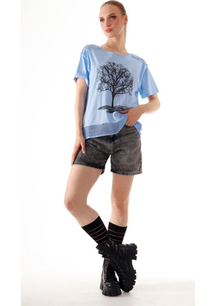Kadın Hayat Ağacı Taş Baskı Detaylı Omuz Etek File Detay %100 Pamuk T-Shirt
