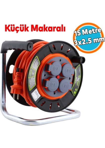 Küçük Makaralı Seyyar Kablo Kapaklı 4 Prizli Plastik Uzatma Kablosu 15 Metre 3x2.5 mm Cca Kablo