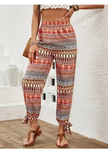 Kadın Yüksek Belli Yanlardan Yırtmaç Detaylı Desenli Bürümcük Pantolon fiyatları