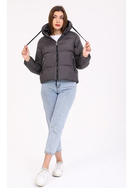 Kadın Füme Kapüşonlu Şişme Mont 5009