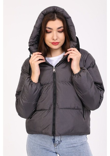 Kadın Füme Kapüşonlu Şişme Mont 5009