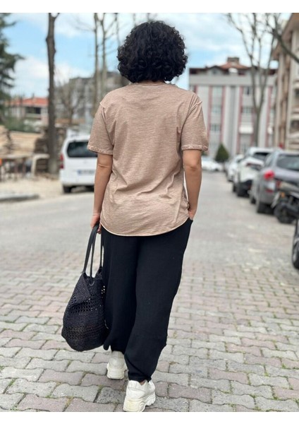 Kadın Hayat Ağacı Taş Baskı Detaylı Omuz Etek File Detay %100 Pamuk T-Shirt