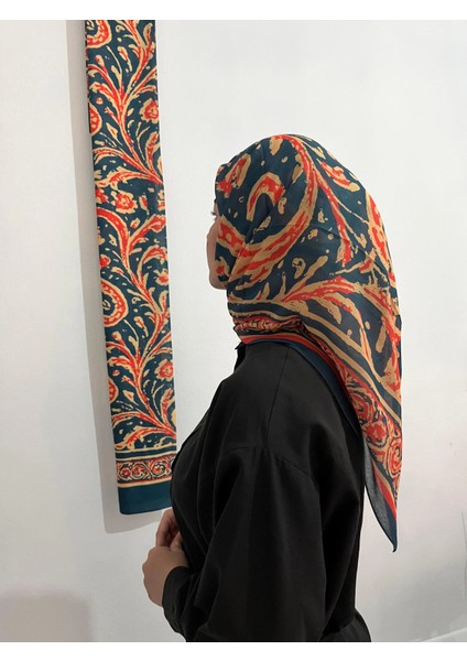 Soft Pamuk Etnik Desen Petrol Sarı Renk Eşarp fiyatları