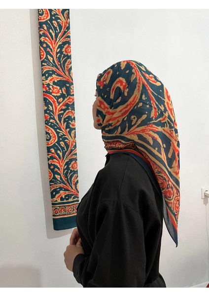 Soft Pamuk Etnik Desen Petrol Sarı Renk Eşarp modelleri