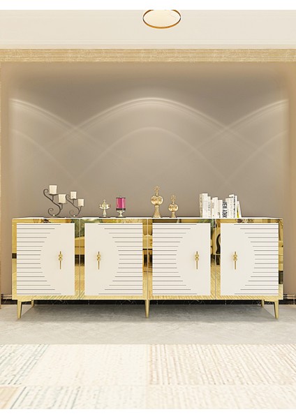 KA1801BG- Tuna Konsol , Tv Sehpası 180CM Beyaz - Gold