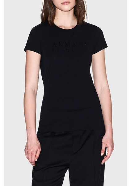 Taşlı Logolu % 100 Pamuk Slim Bit Bisiklet Yaka T Shirt Bayan T Shirt XW001349 AF17173 UC001