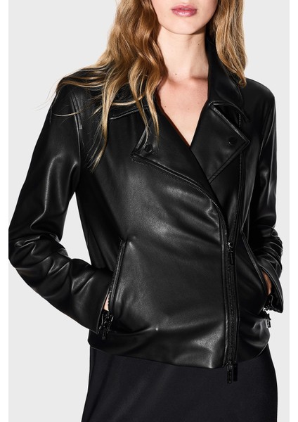 Slim Fit Apaş Yaka Fermuar Detaylı Deri Ceket Bayan Deri Ceket XW001433 AF16618 UC001 fırsatları