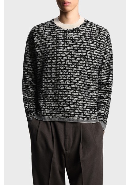 Jakarlı Logo Baskılı % 100 Yün Bisiklet Yaka Kazak Erkek Kazak EM002630 AF14199 FC104