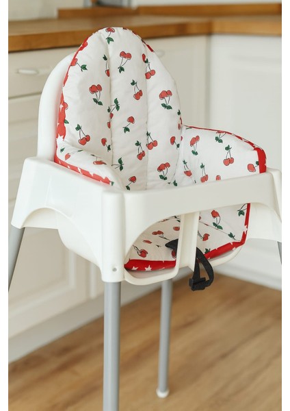Bebek Çocuk Mama Sandalyesi Minderi Kiraz ve Kırmızı Yıldızlı