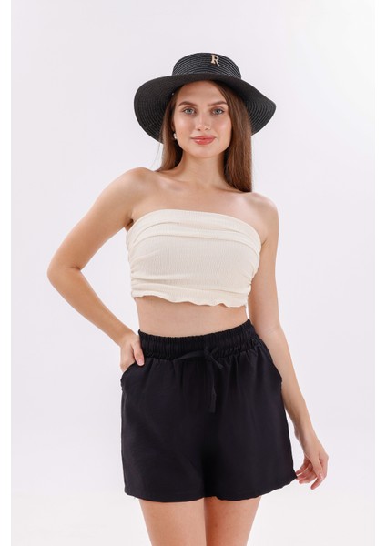 Genıus Store Kadın Şort Aerobin Pamuklu Cepli Çekmez Kumaş Beli Lastikli Şort