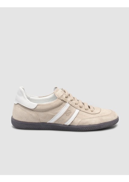 %100 Hakiki Deri Bej Bağcıklı Kadın Sneaker