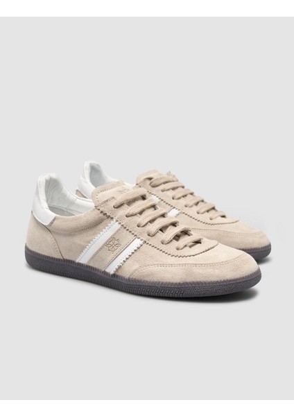 %100 Hakiki Deri Bej Bağcıklı Kadın Sneaker