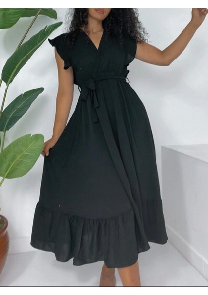 Omuzları Fırfırlı Sıfır Kol Beli Lastikli Bağcıklı Ayrobin Elbise -Siyah fiyatları