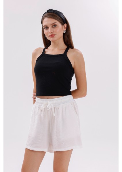 Genıus Store Kadın Şort Aerobin Pamuklu Cepli Çekmez Kumaş Beli Lastikli Şort