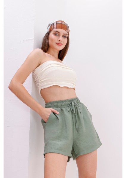 Genıus Store Kadın Şort Aerobin Pamuklu Cepli Çekmez Kumaş Beli Lastikli Şort