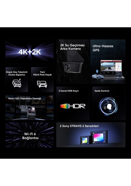 A329SW 2 Kameralı Ön ve Dış Arka Su Geçirmez 4K 60FPS+2K Sony Starvıs 2 Sensör Gps'li Araç Kamerası fiyatları
