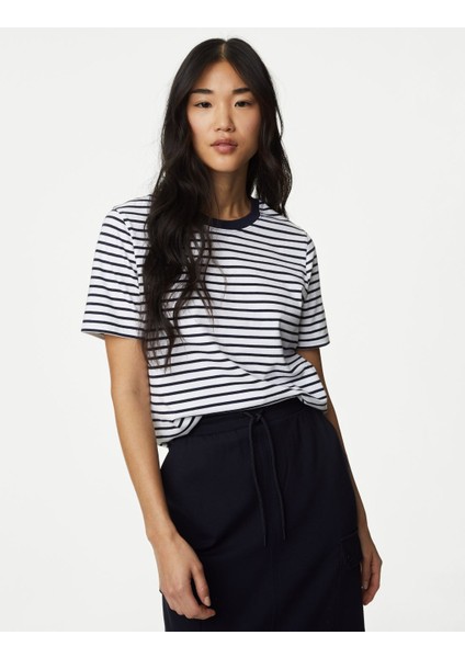Saf Pamuklu Kısa Kollu Çizgili T-Shirt
