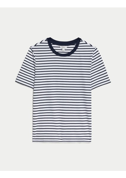 Saf Pamuklu Kısa Kollu Çizgili T-Shirt fırsatları
