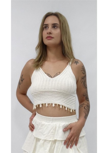 Kadın Nisan Deniz Kabuğu Detaylı Triko Atlet Büstiyer Standart Beden