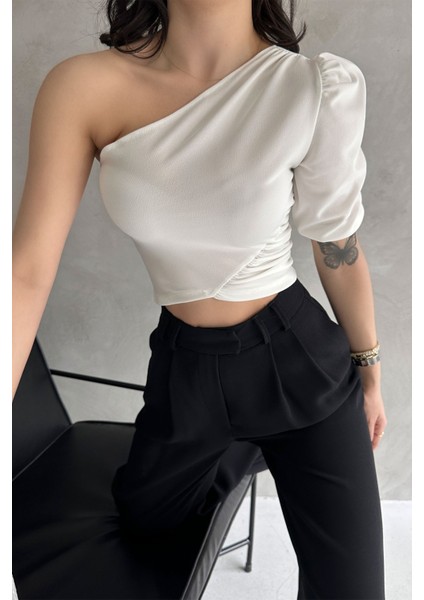 Tek Omuz Prenses Kol Crep Bluz
