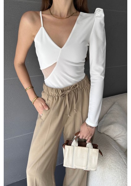 Tek Omuz Tül Detaylı Crep Bluz modelleri