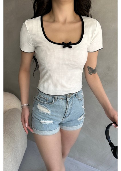 Havuz Yaka Biye Detaylı Crop Bluz modelleri