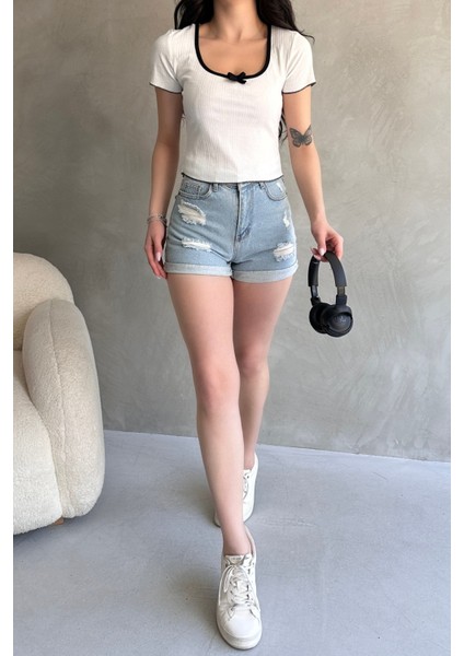 Havuz Yaka Biye Detaylı Crop Bluz indirimleri